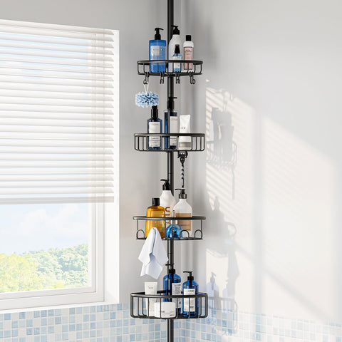 ESSEME corner shower caddy with pole assembly for clutter-free corners.