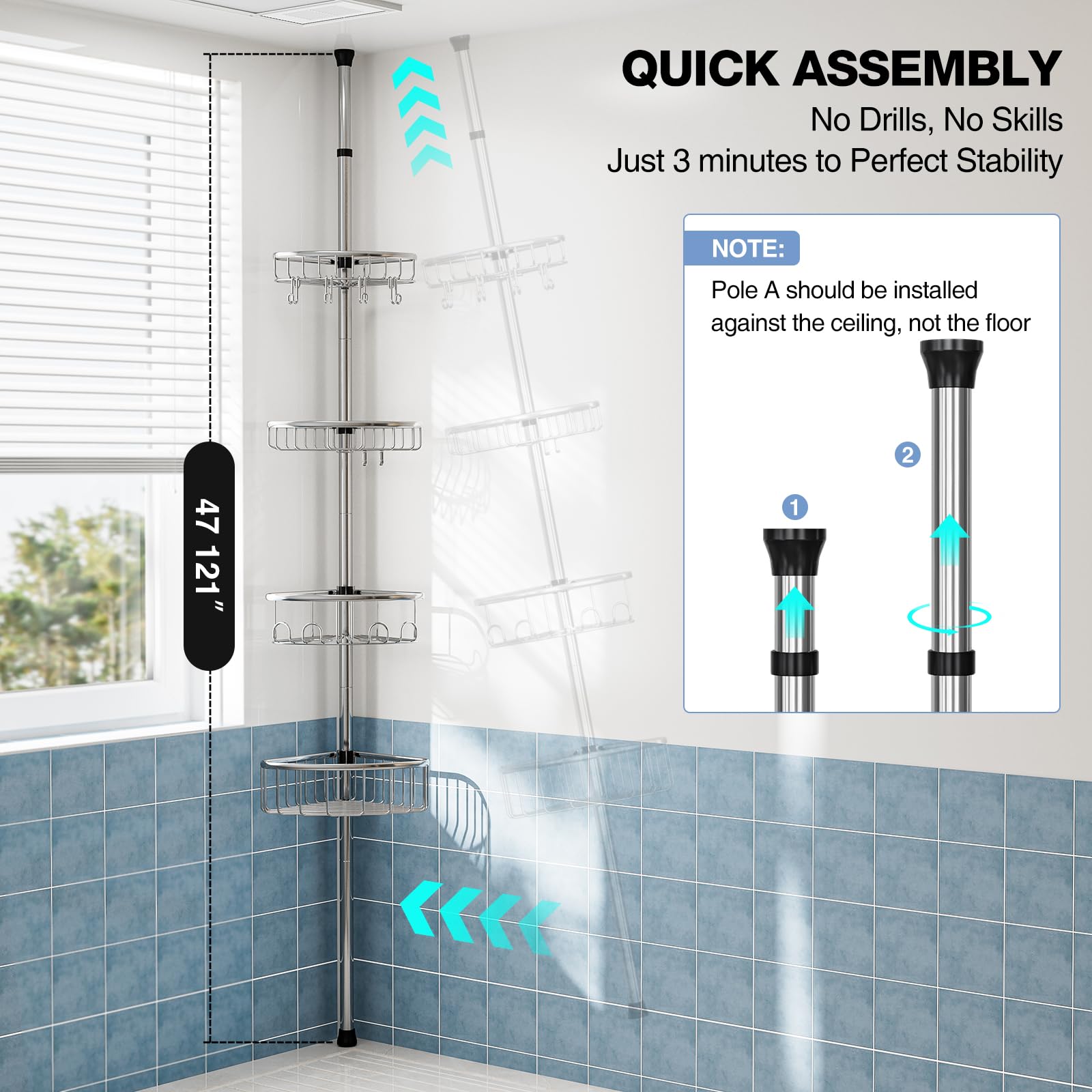 ESSEME corner shower caddy clip-based height adjustment for quick setup
