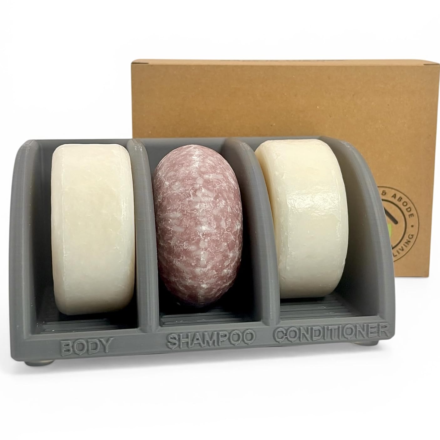 Essence & Abode shampoo bar holder with 3-slot design keeping bars organized and dry