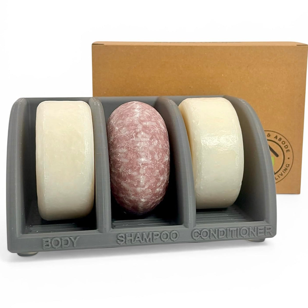 Essence & Abode shampoo bar holder with 3-slot design keeping bars organized and dry