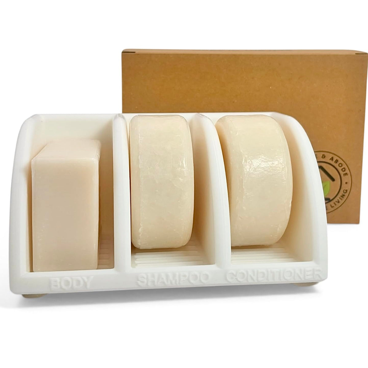 Essence and Abode Jade White shampoo bar holder front view keeps bars dry and organized.