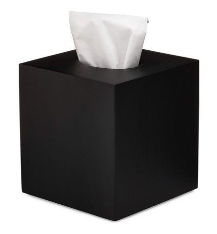 Essentra Home matte black square tissue box cover front view highlights modern design