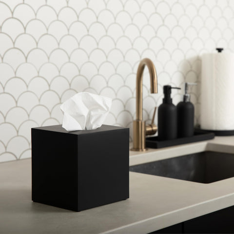Living room scene with Essentra Home matte black tissue box cover