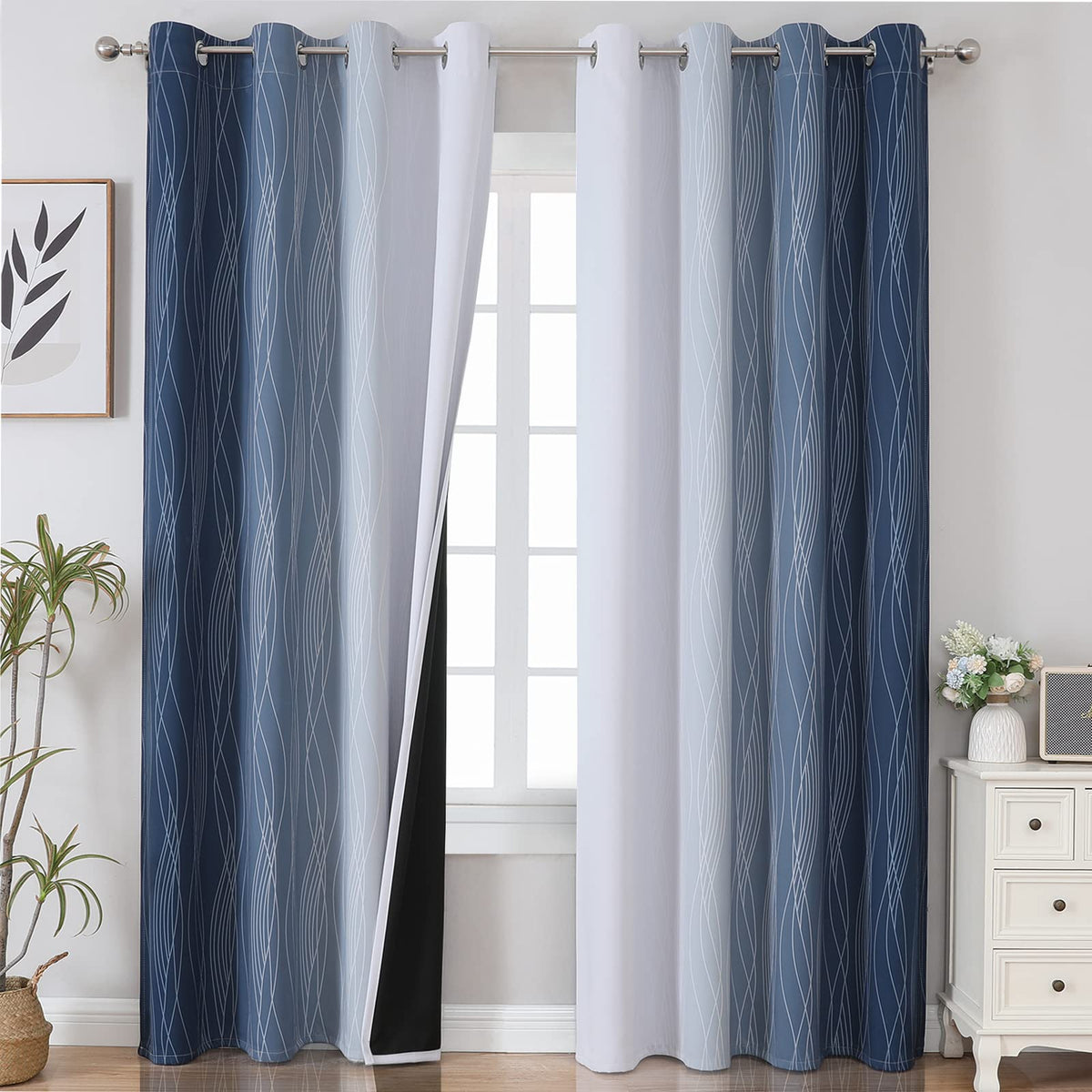 Estelar Textiler blackout curtains in navy ombre block light for peaceful mornings.