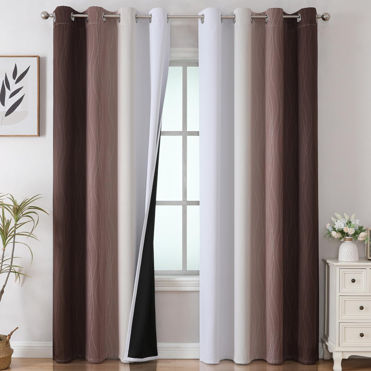 Estelar Textiler brown-grey ombre blackout curtains provide privacy with a soft gradient look.
