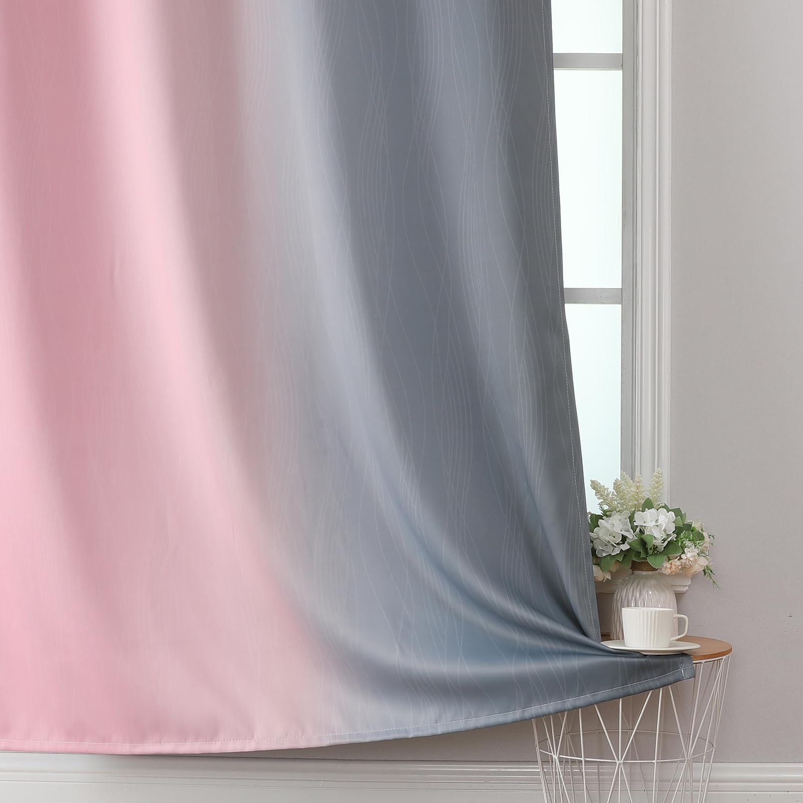 Estelar Textiler pink-grey ombre curtains create soft ambience and privacy in living rooms.