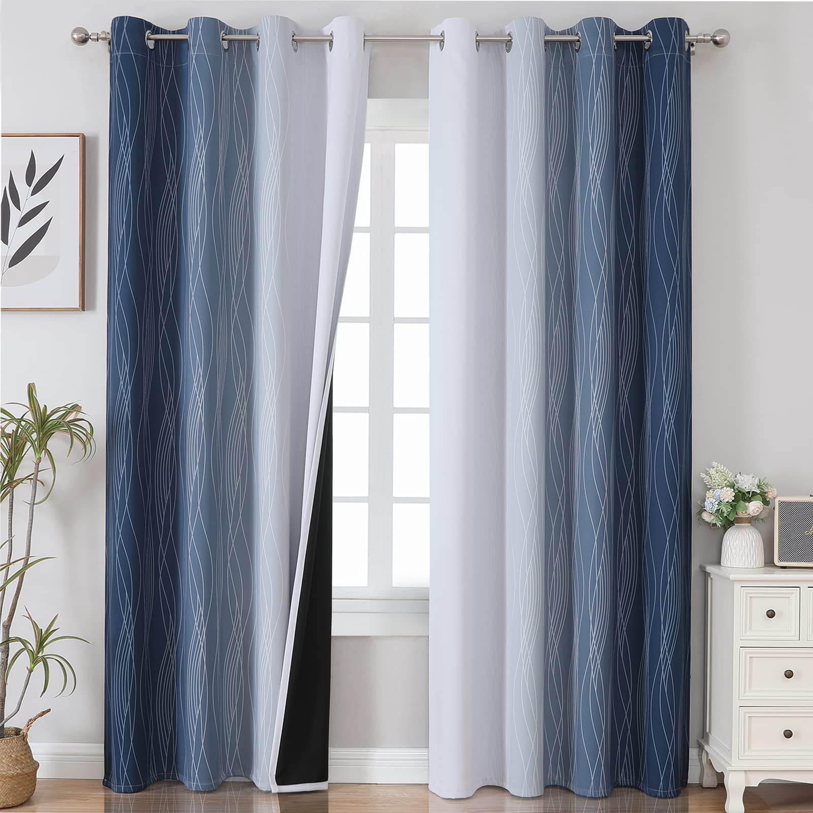 Estelar Textiler navy blue to greyish white ombre curtains in a bedroom setup for enhanced privacy and style.