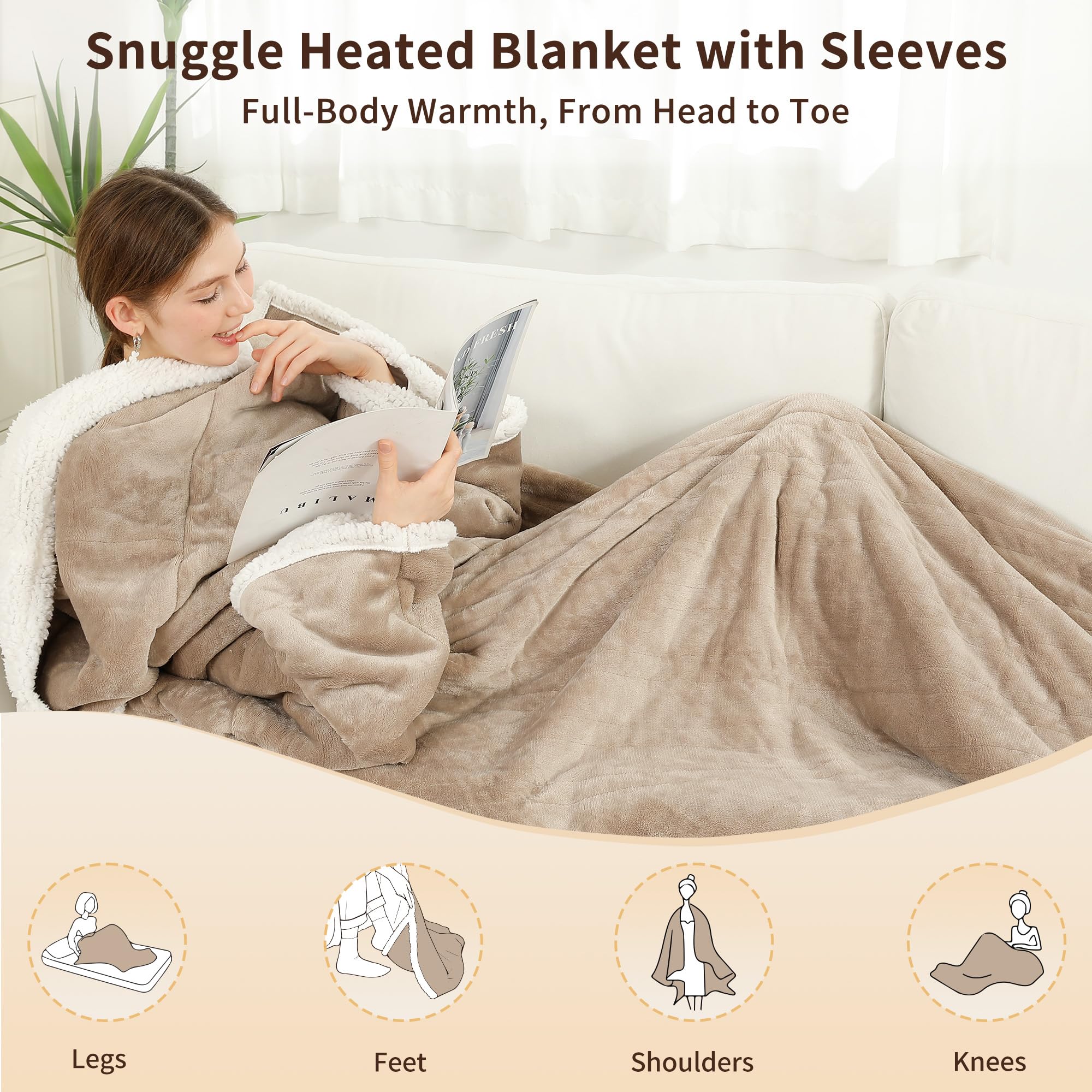 ESTINGO Wearable Electric Throw Blanket shows 6-level heat controls for personalized comfort
