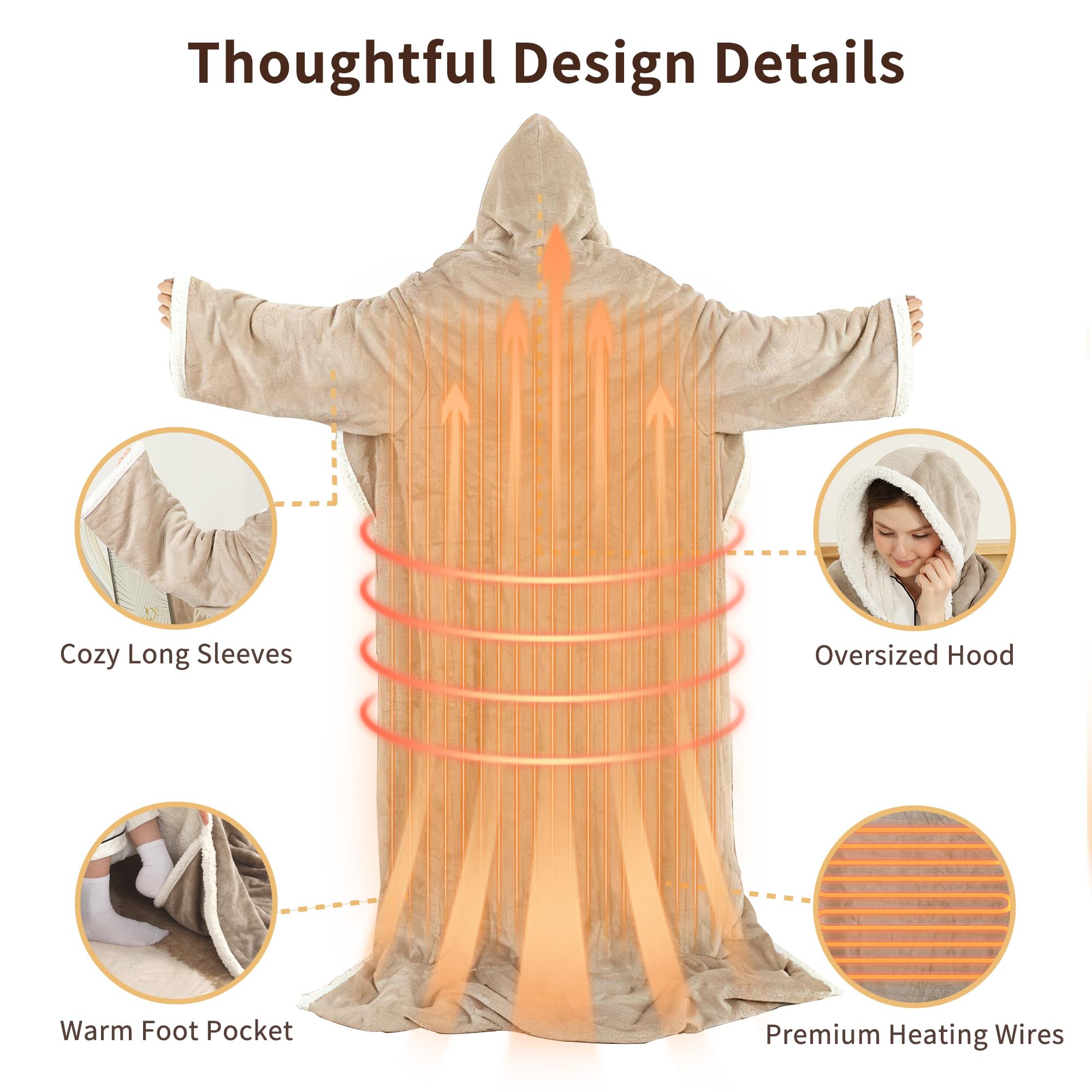 ESTINGO Wearable Electric Throw Blanket hooded design provides full warmth coverage for lounging