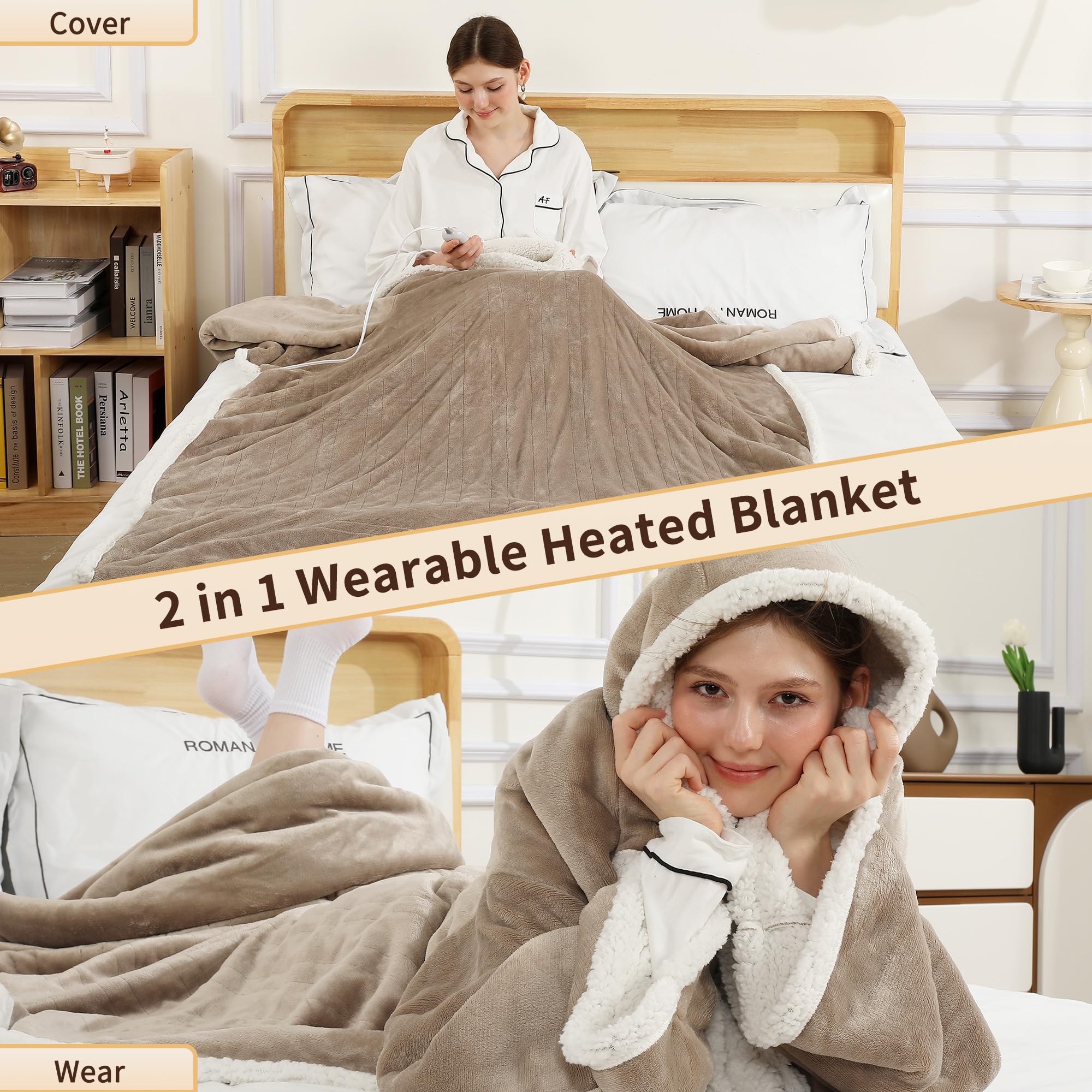 ESTINGO Wearable Electric Throw Blanket plush flannel and sherpa for cloud-like softness