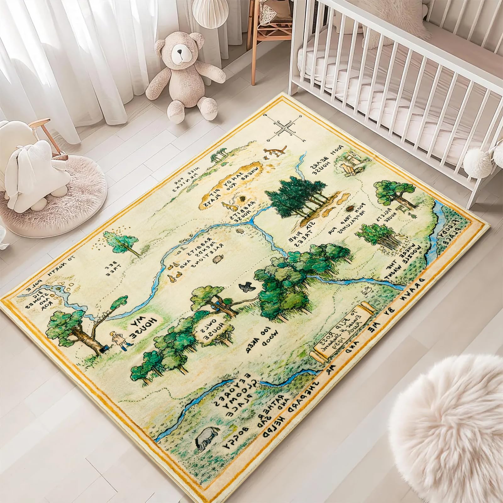 Estmy 3x5 vintage woodland rug with cartoon map for cozy kids' rooms.