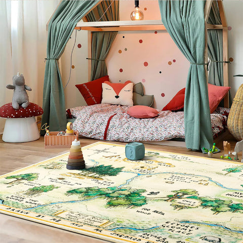Estmy Hundred Acre Wood map rug adds playful charm to nurseries.
