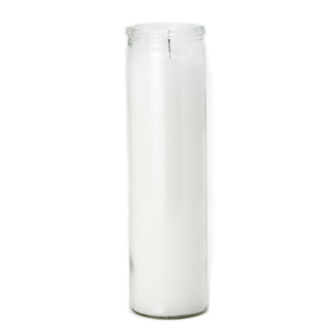 Estrella Blanca vigil candle in a clear container for calm worship sessions
