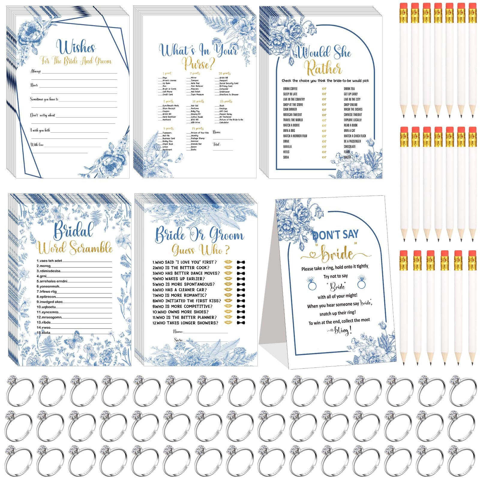 Estune 331-pcs bridal shower games pack with blue florals for easy party planning.