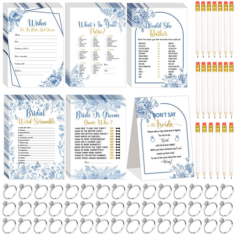 Estune 331-pcs bridal shower games pack with blue florals for easy party planning.