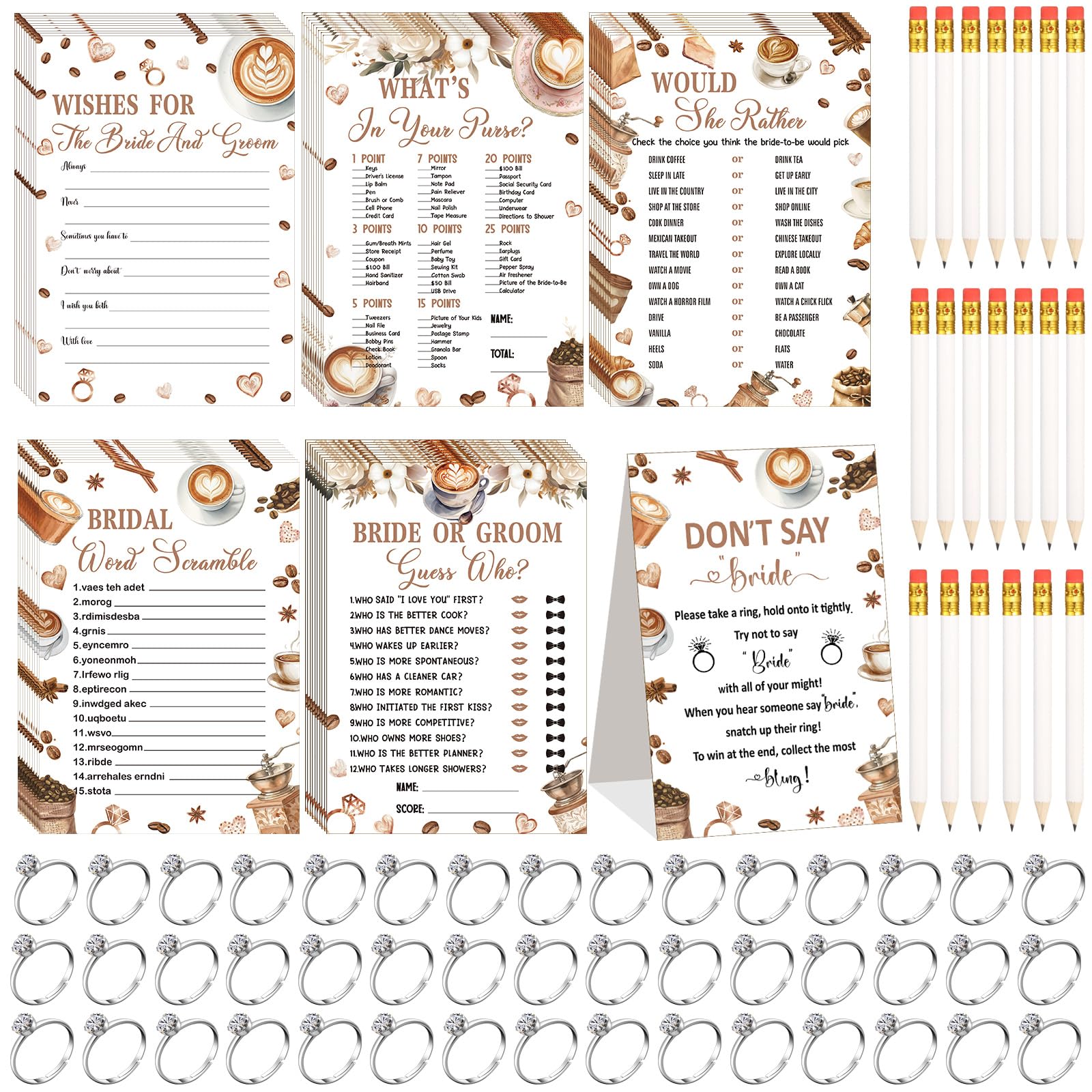 Estune Love Is Brewing wedding cards for interactive bridal shower games.