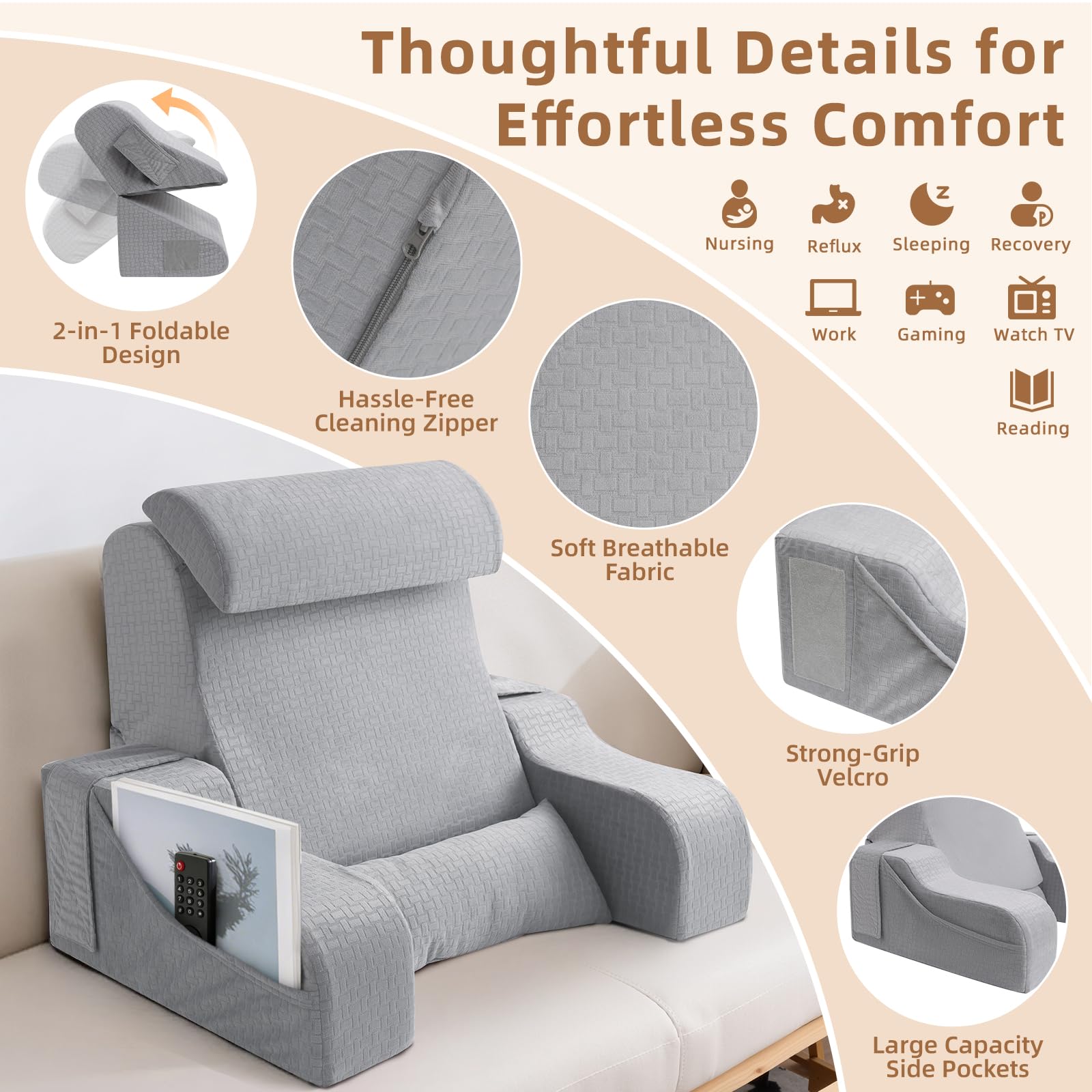 ESUERDO detachable armrests with pockets and Velcro for storage.