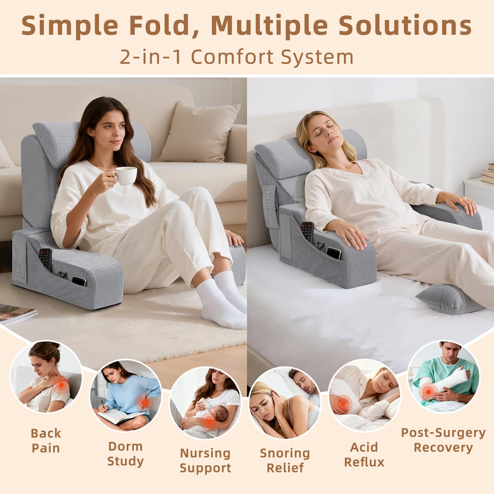ESUERDO reading pillow converts to wedge for comfortable breathing and reclining.