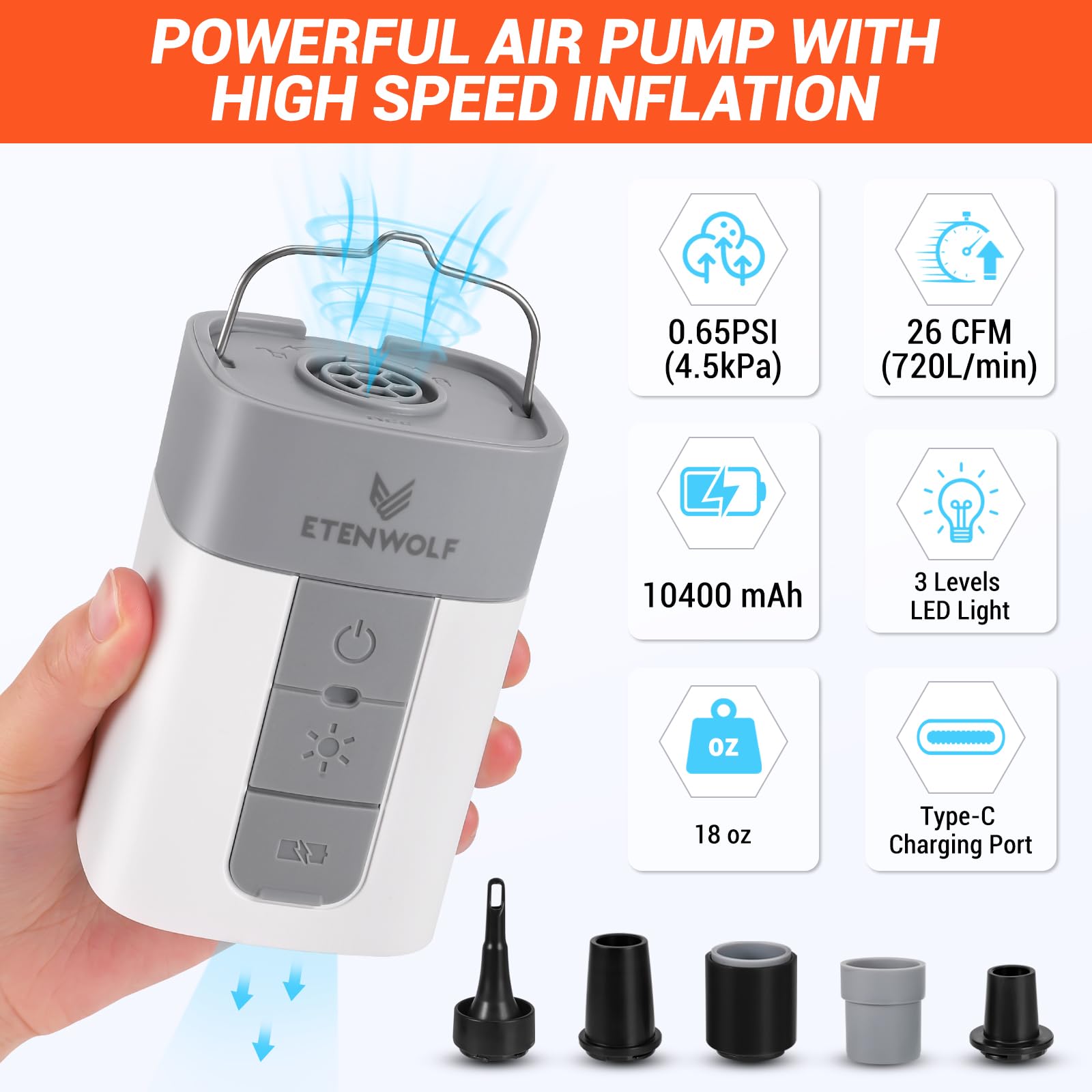 ETENWOLF air pump shows 10400 mAh battery for long portable power.