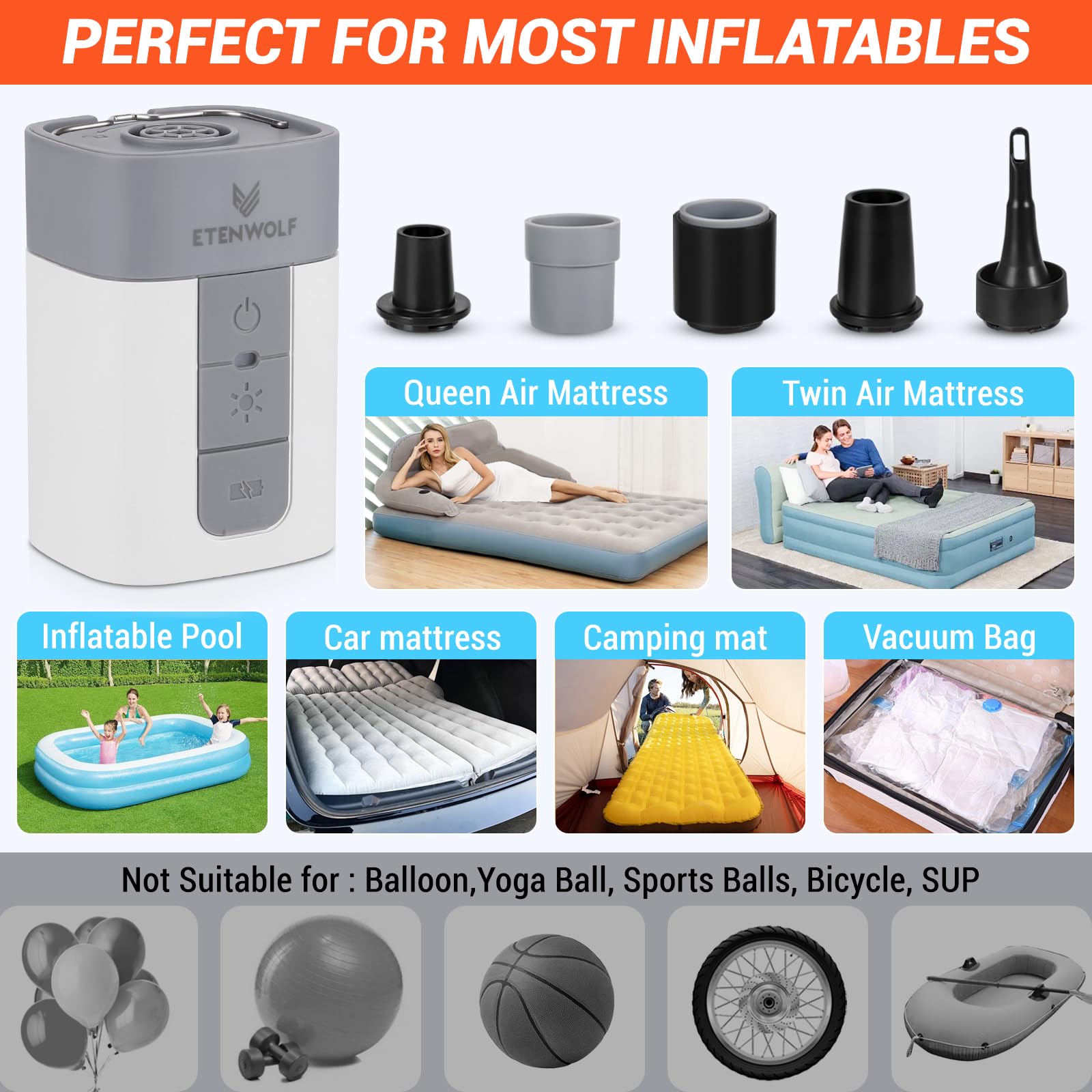 ETENWOLF air pump emits bright 1200 lumens for campsite lighting.