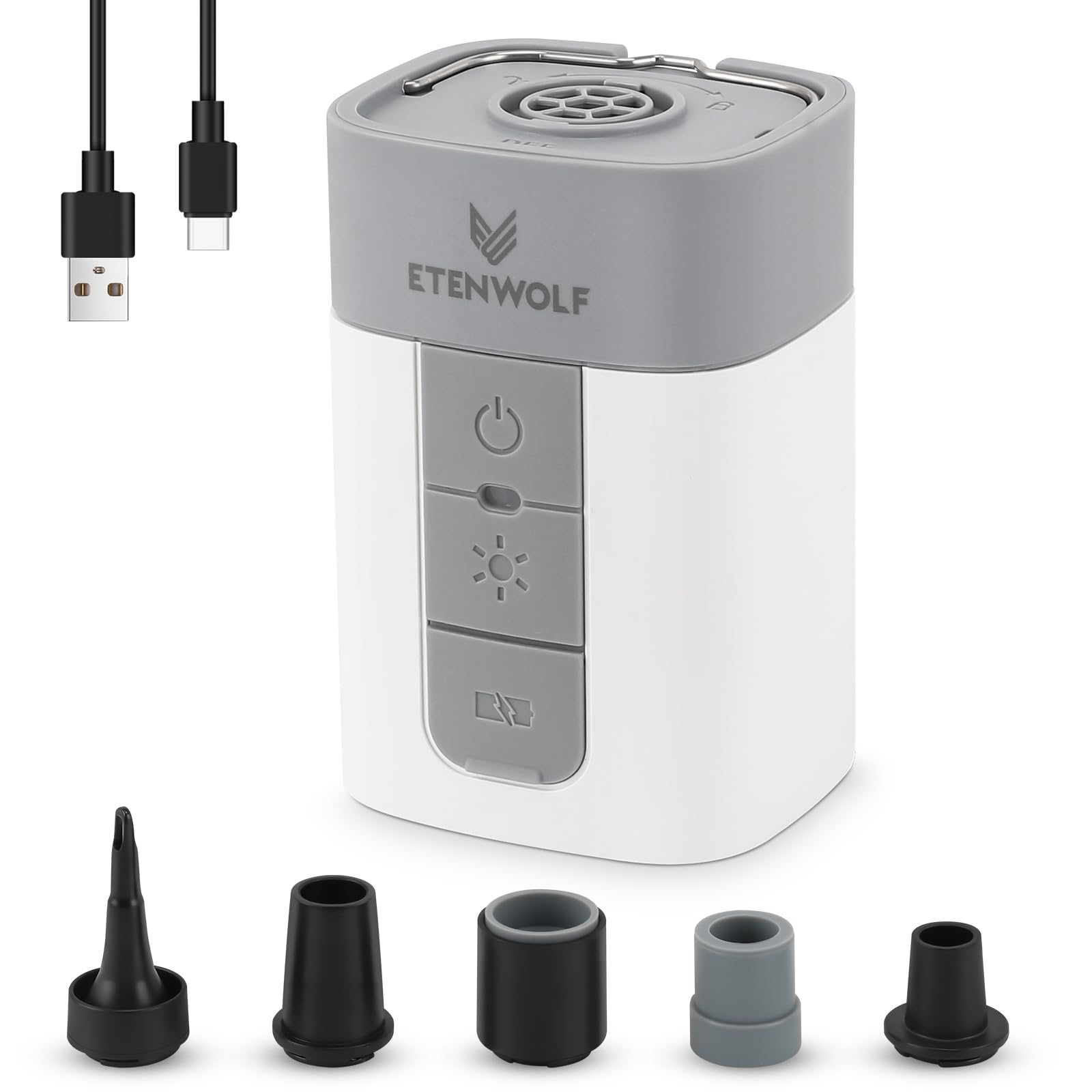 ETENWOLF air pump front view for fast inflations and on-the-go use.