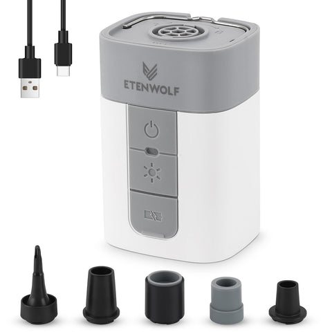 ETENWOLF air pump front view for fast inflations and on-the-go use.