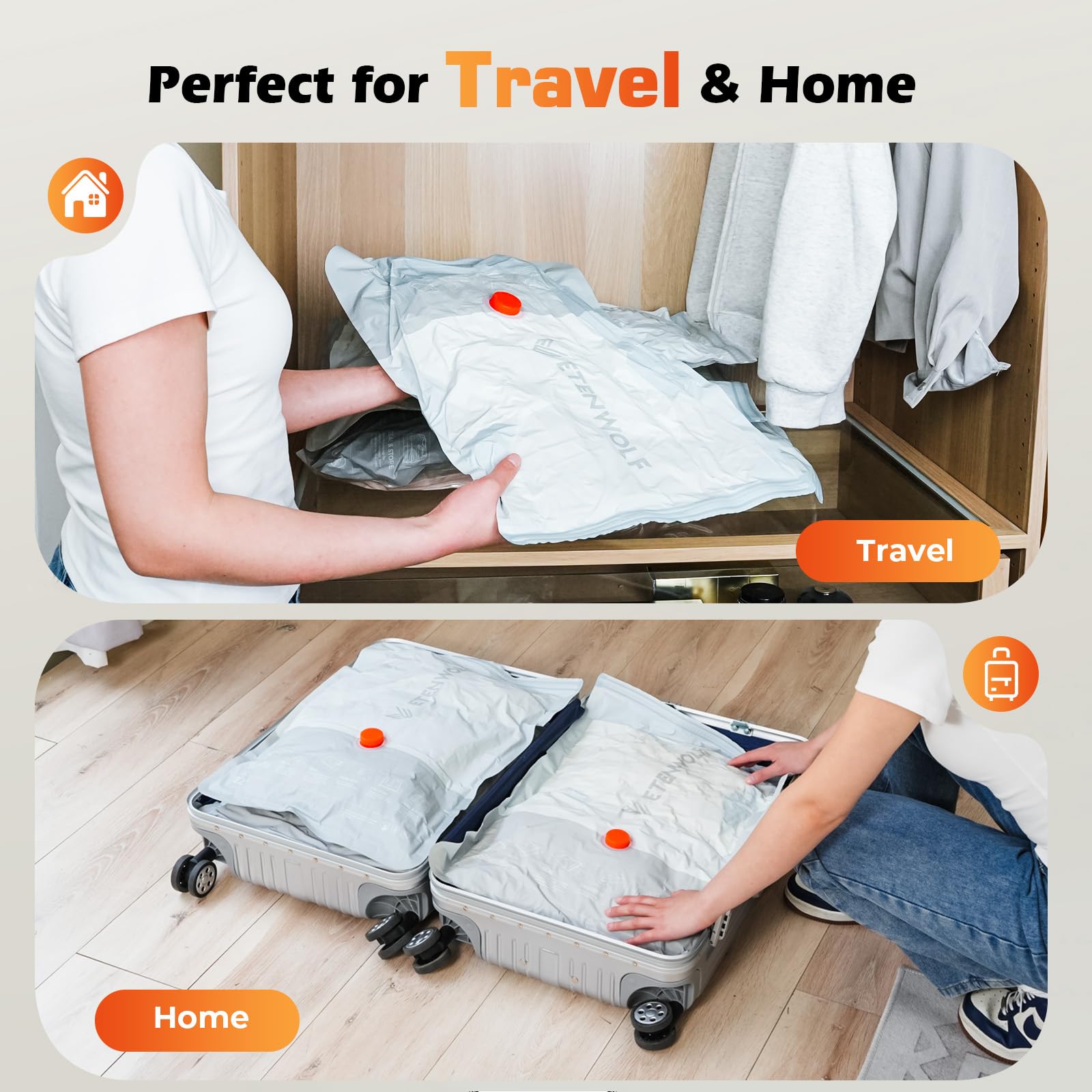 ETENWOLF bags organized in luggage for space optimization