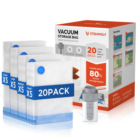 ETENWOLF vacuum storage bags 20-pack for space-saving travel and home storage.