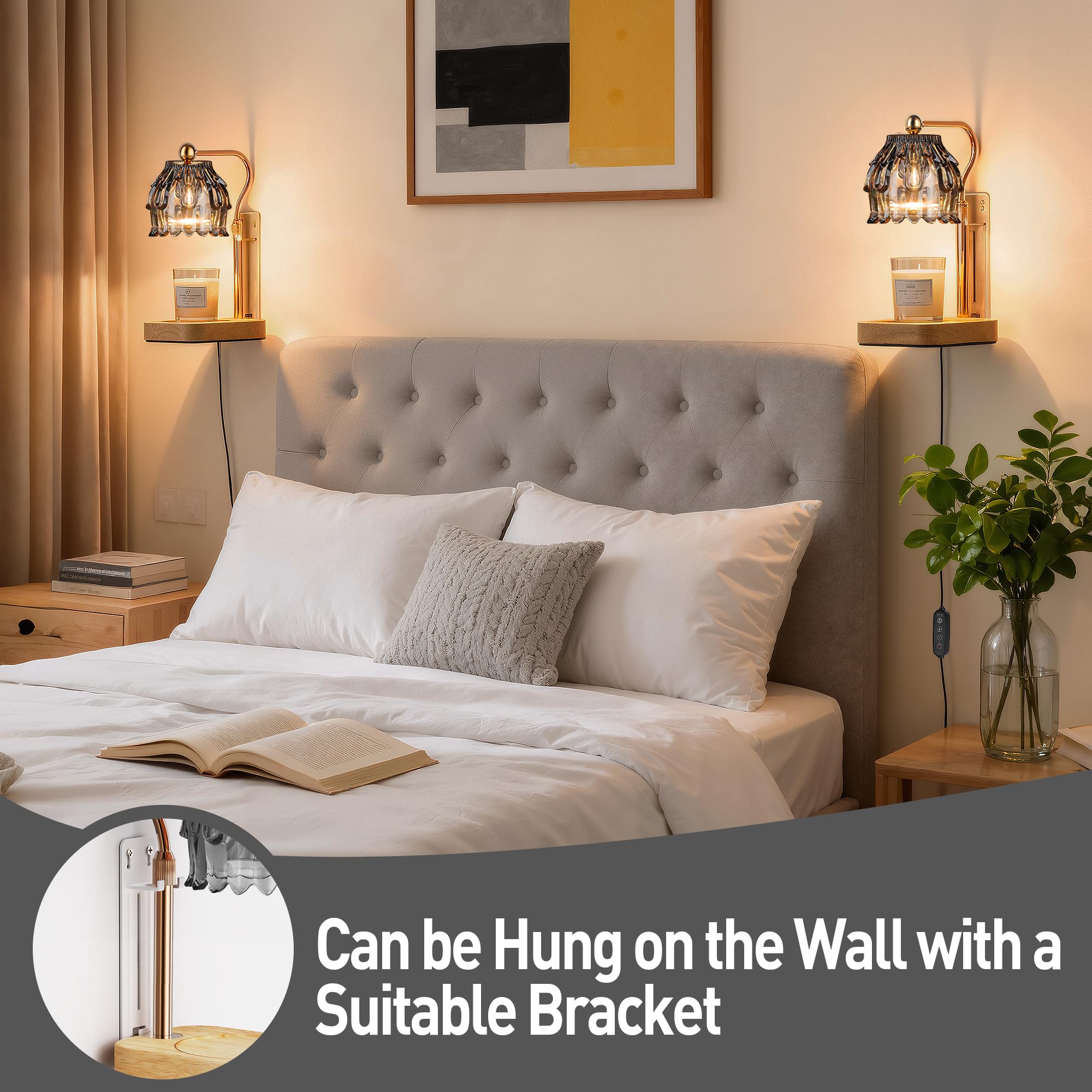 Eterfun candle warmer complements bedroom decor with a warm glow.
