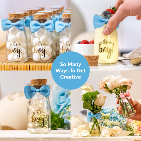 Ethisa DIY table decor bottles shown as part of a shower setup