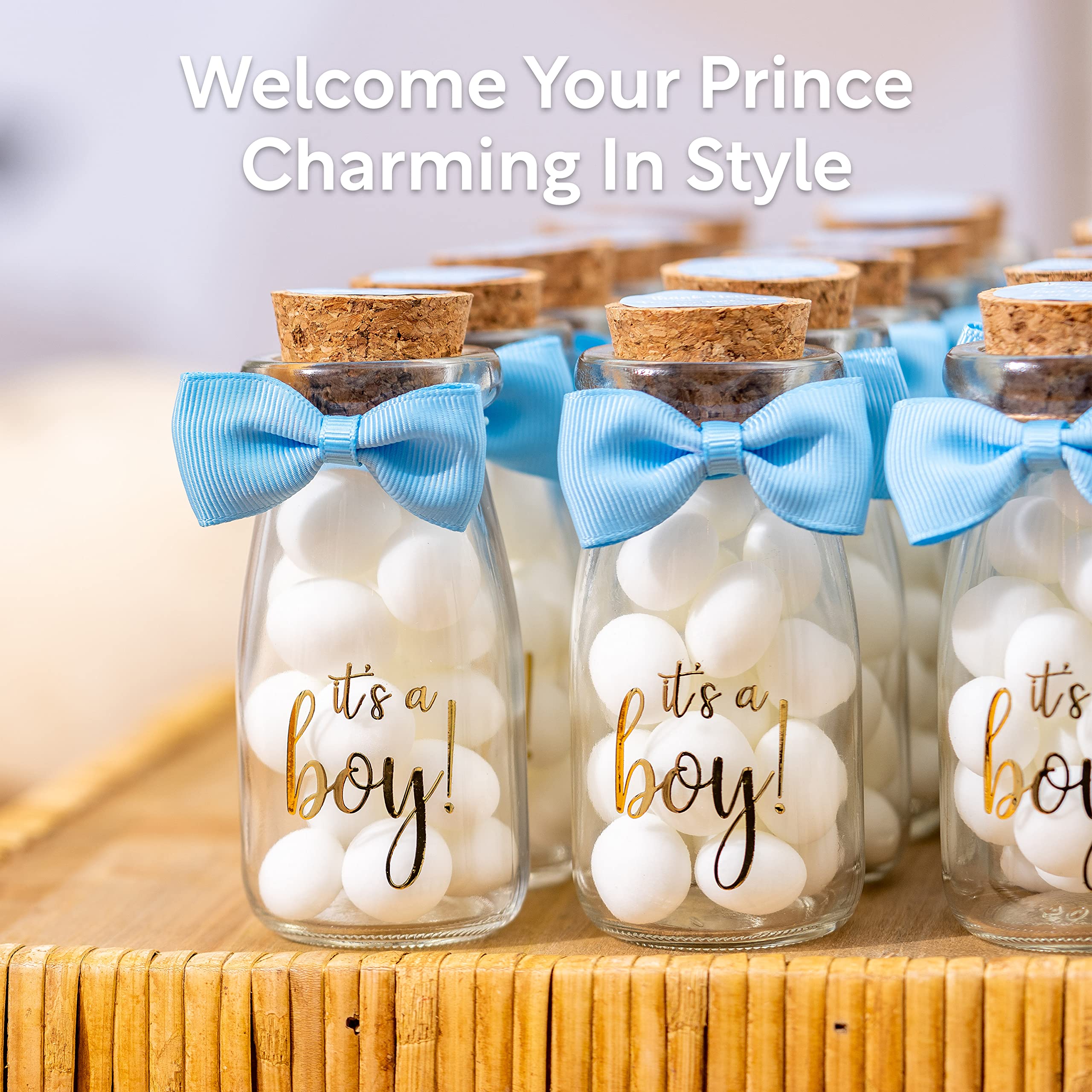 Ethisa milk glass bottle with cork closure and blue ribbon ready for DIY setup