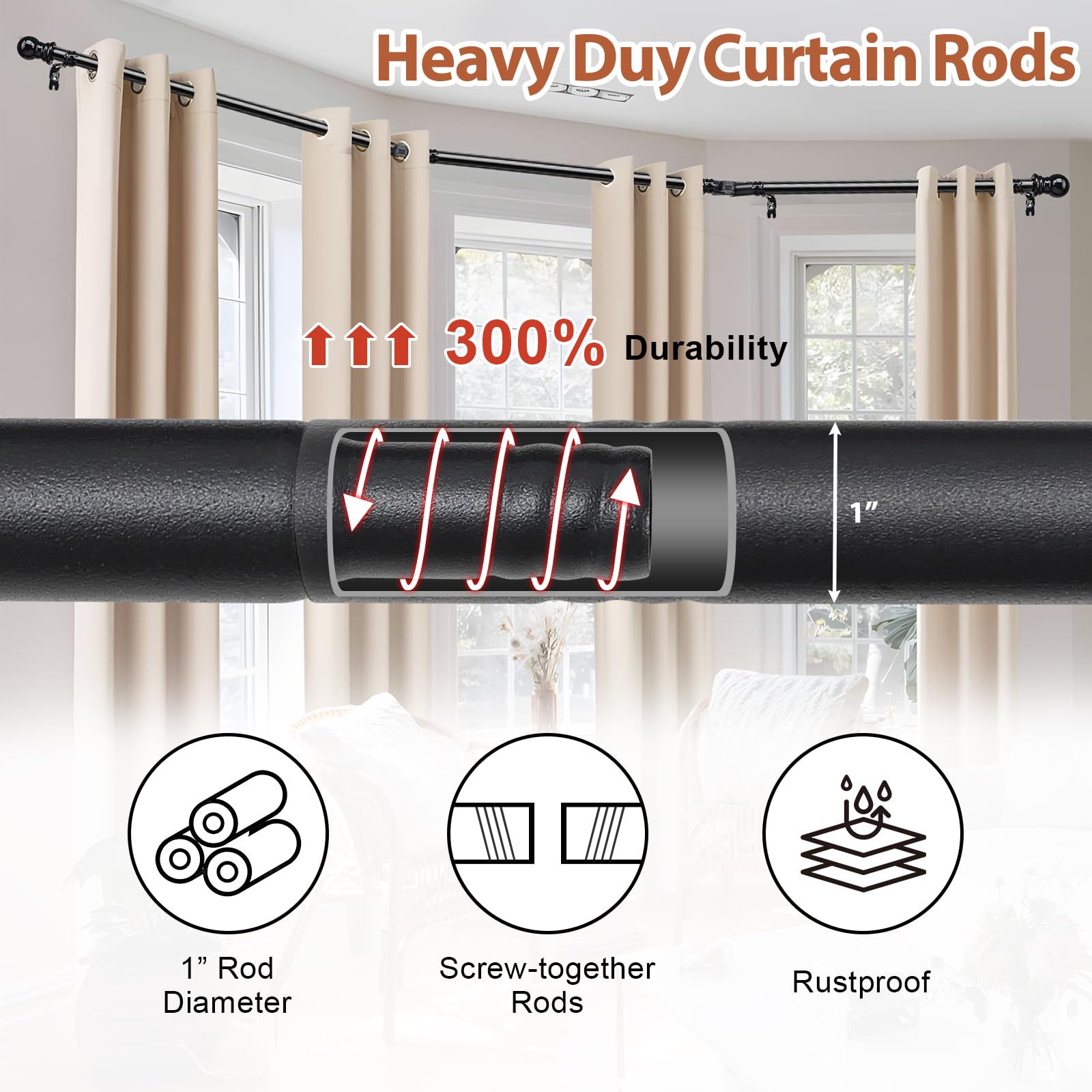 ETICSIPA 1-inch metal curtain rod supports diverse curtain styles