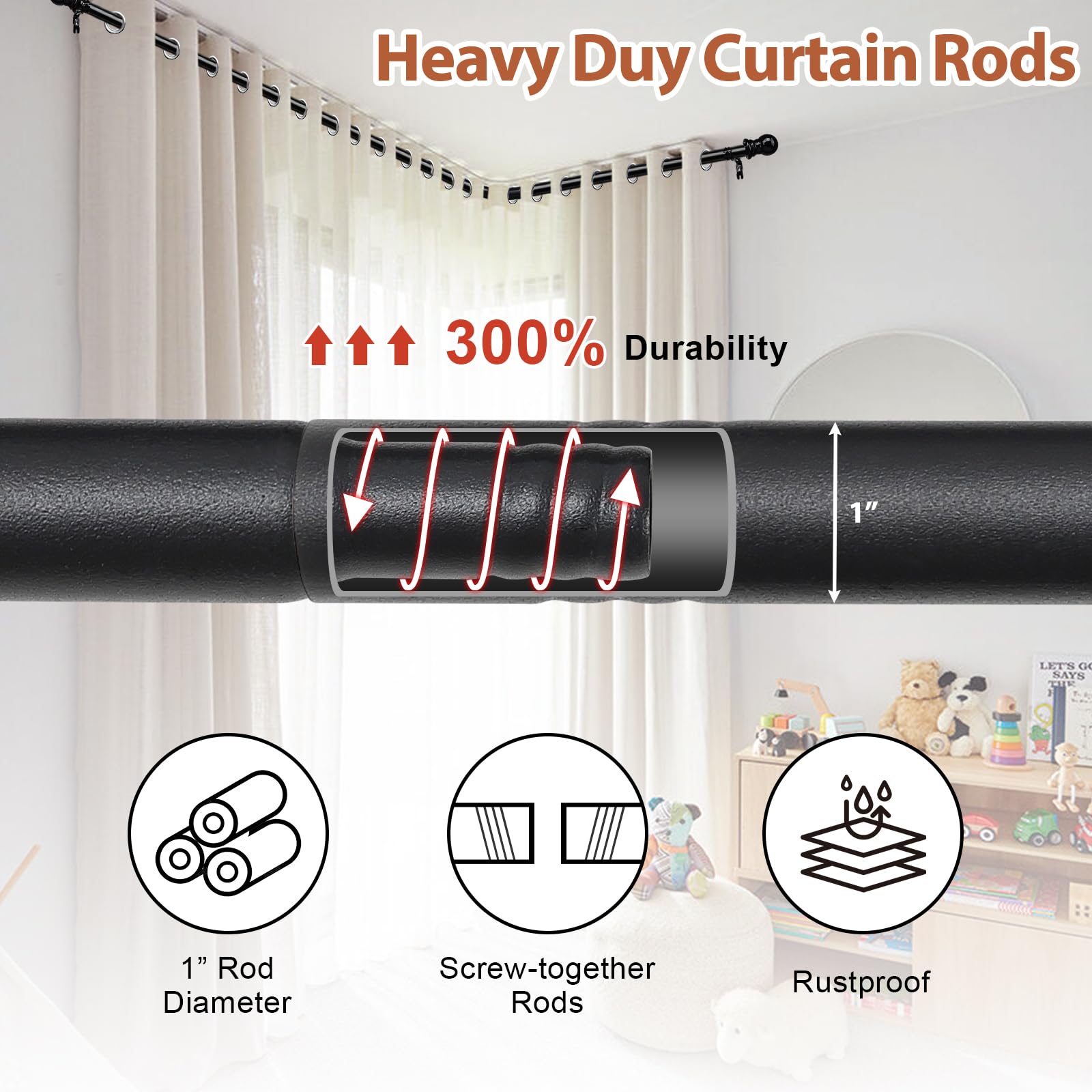 ETICSIPA 1-inch rod extends to fit large windows while supporting mid-weight drapes.