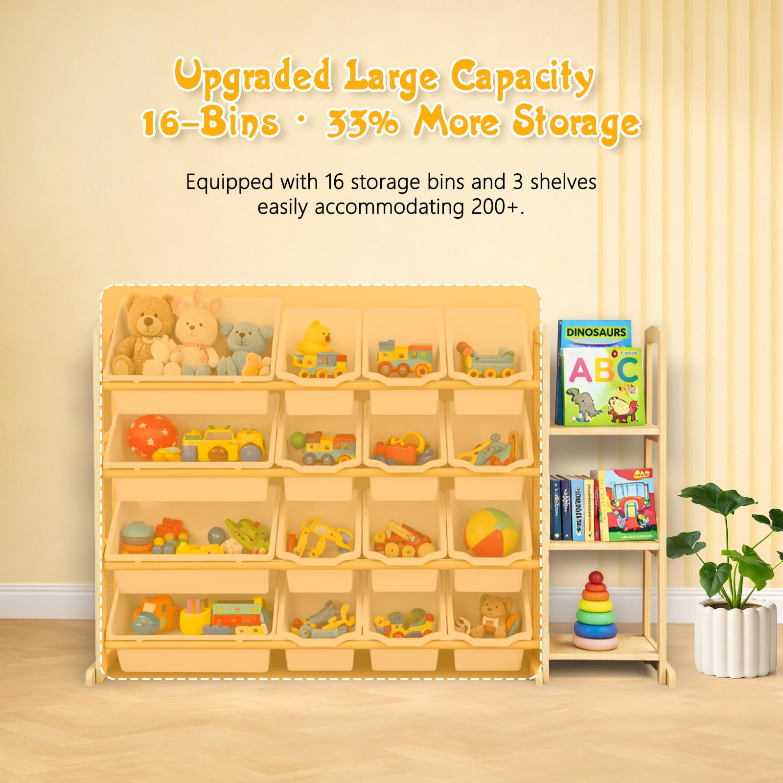 Etitlly Large-bin storage shows capacity for plush toys and clothing.