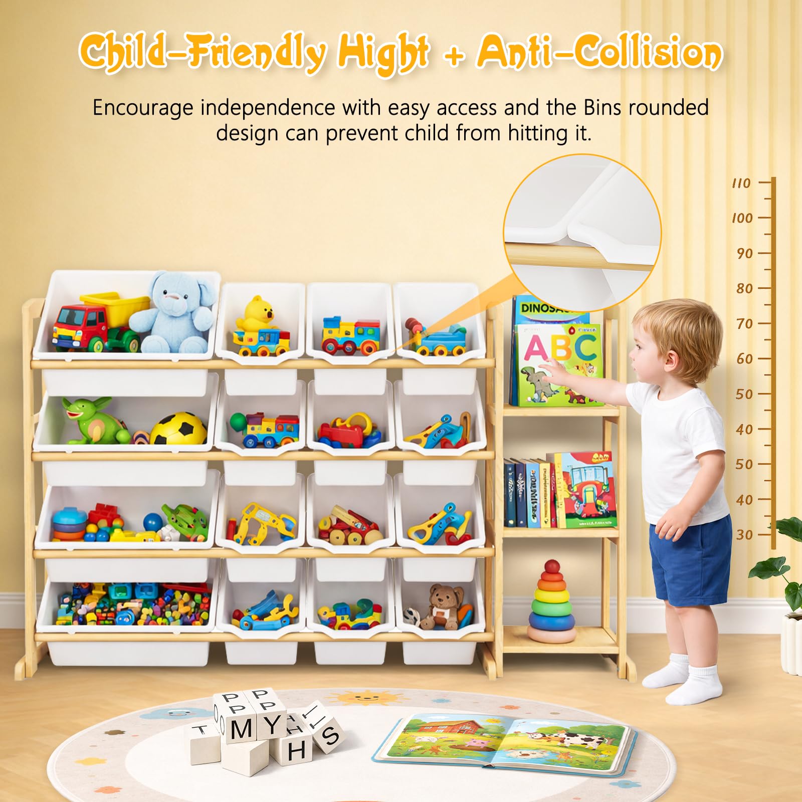 Etitlly Small-bin storage highlights tidy spaces for blocks and art supplies.