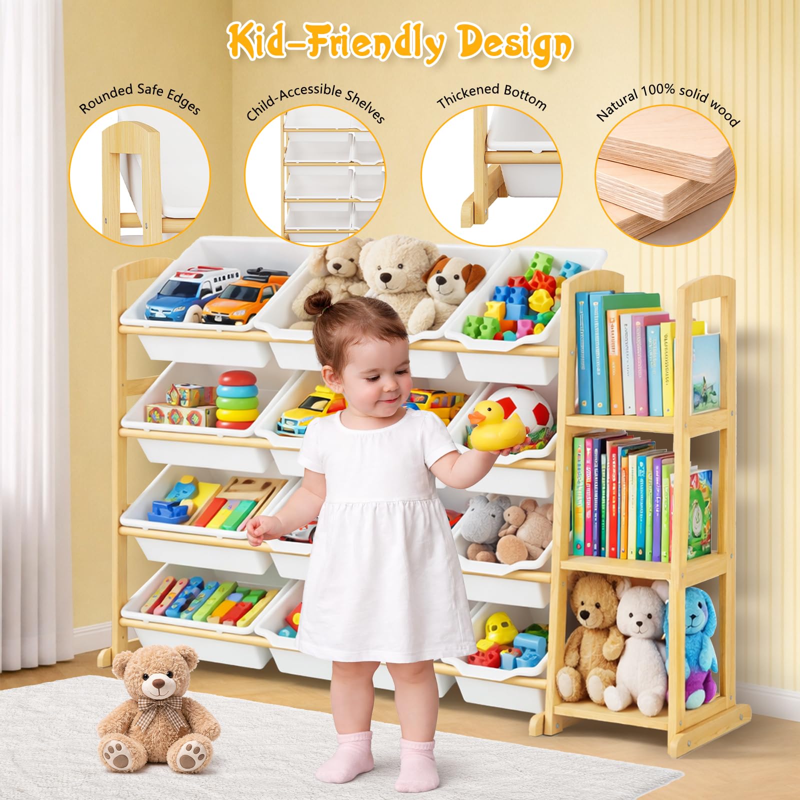 Etitlly Wooden shelf with 3 shelves illustrates flexible storage for books.