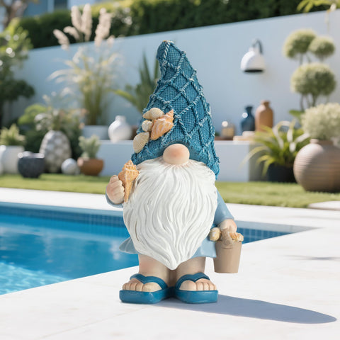 Etlemonde Gnome in light blue body suits garden settings year round.