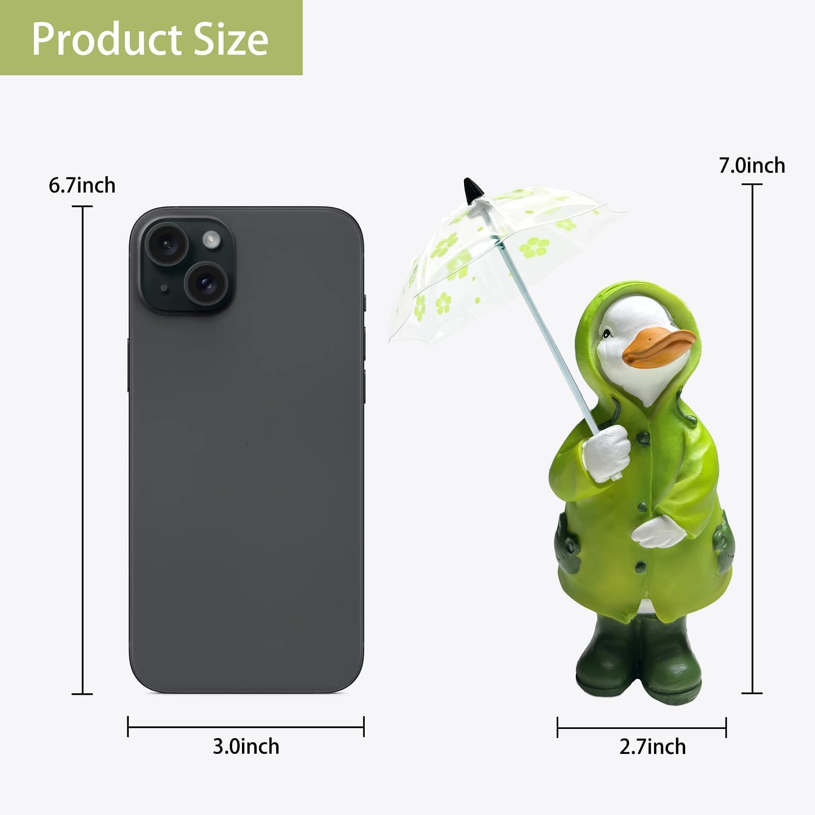 Etlemonde green raincoat duck on a shelf brightens small spaces.