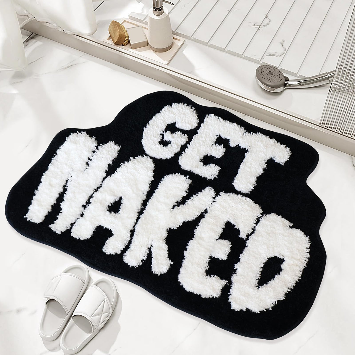Etomiel Get Naked bath mat shows ultra-soft microfiber for quick drying and plush comfort.