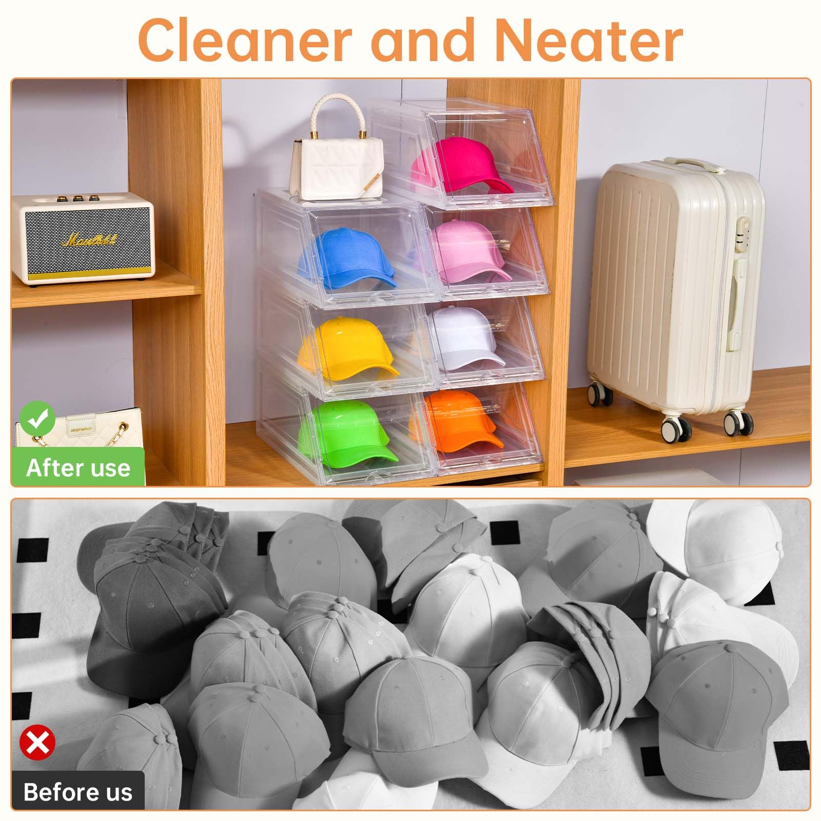 Euct hat organizer transparent display aids quick selection of caps.