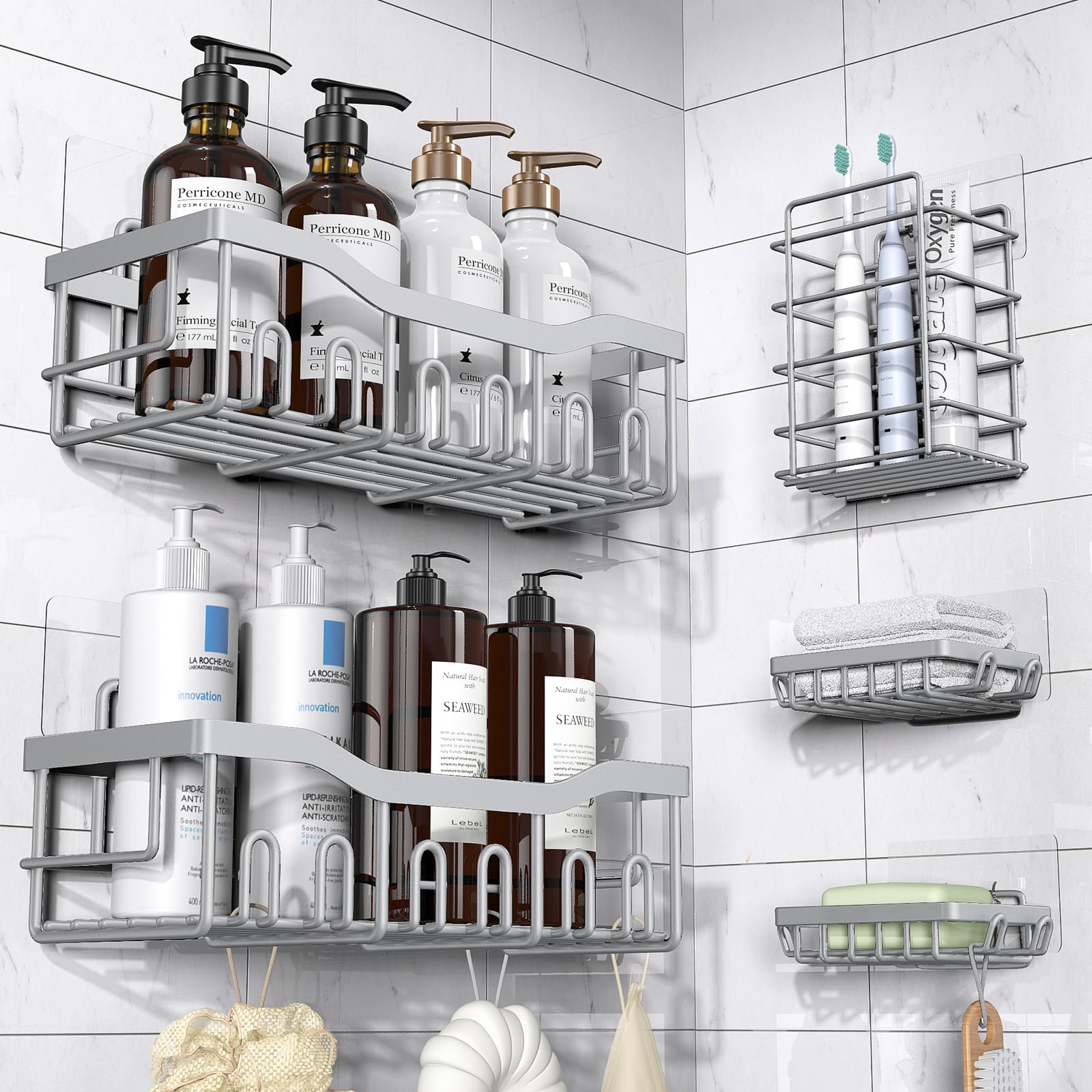 EUDELE 5-pack shower caddies arranged for compact bathroom storage.