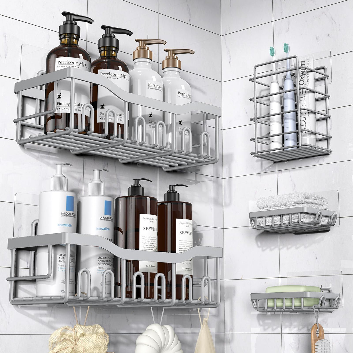 EUDELE 5-pack shower caddies arranged for compact bathroom storage.