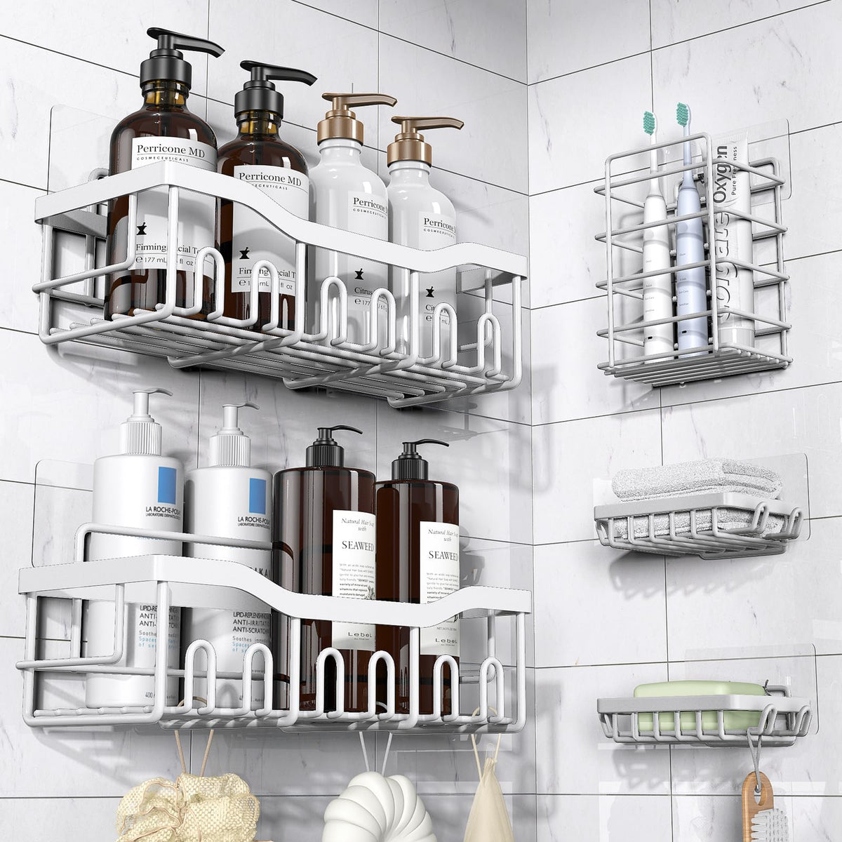 EUDELE 5-pack rustproof shower caddies attached with strong adhesives.