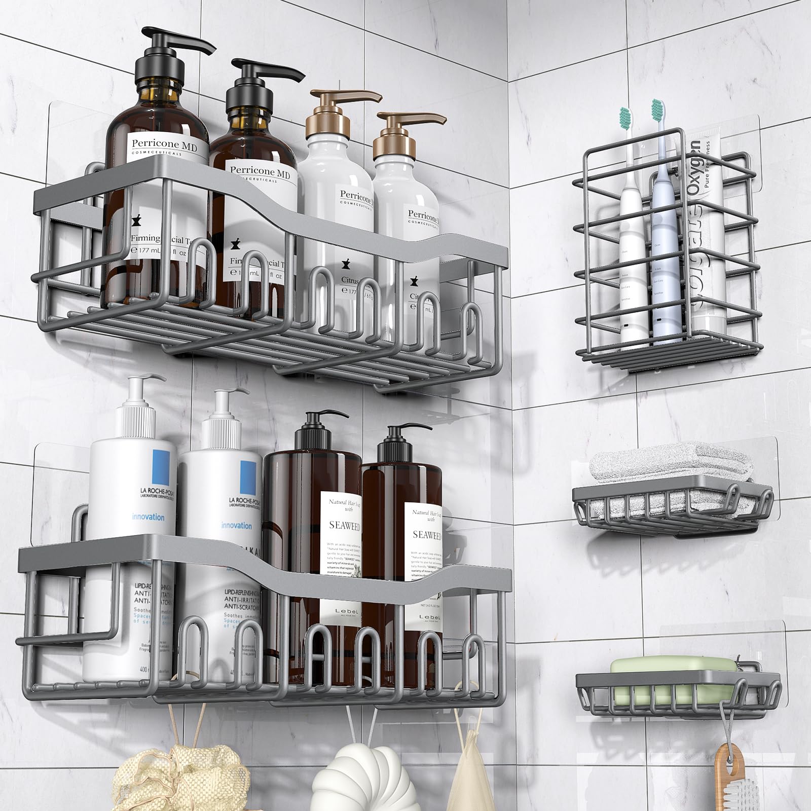 EUDELE 5-pack rustproof stainless steel shower caddies keep bathroom organized.