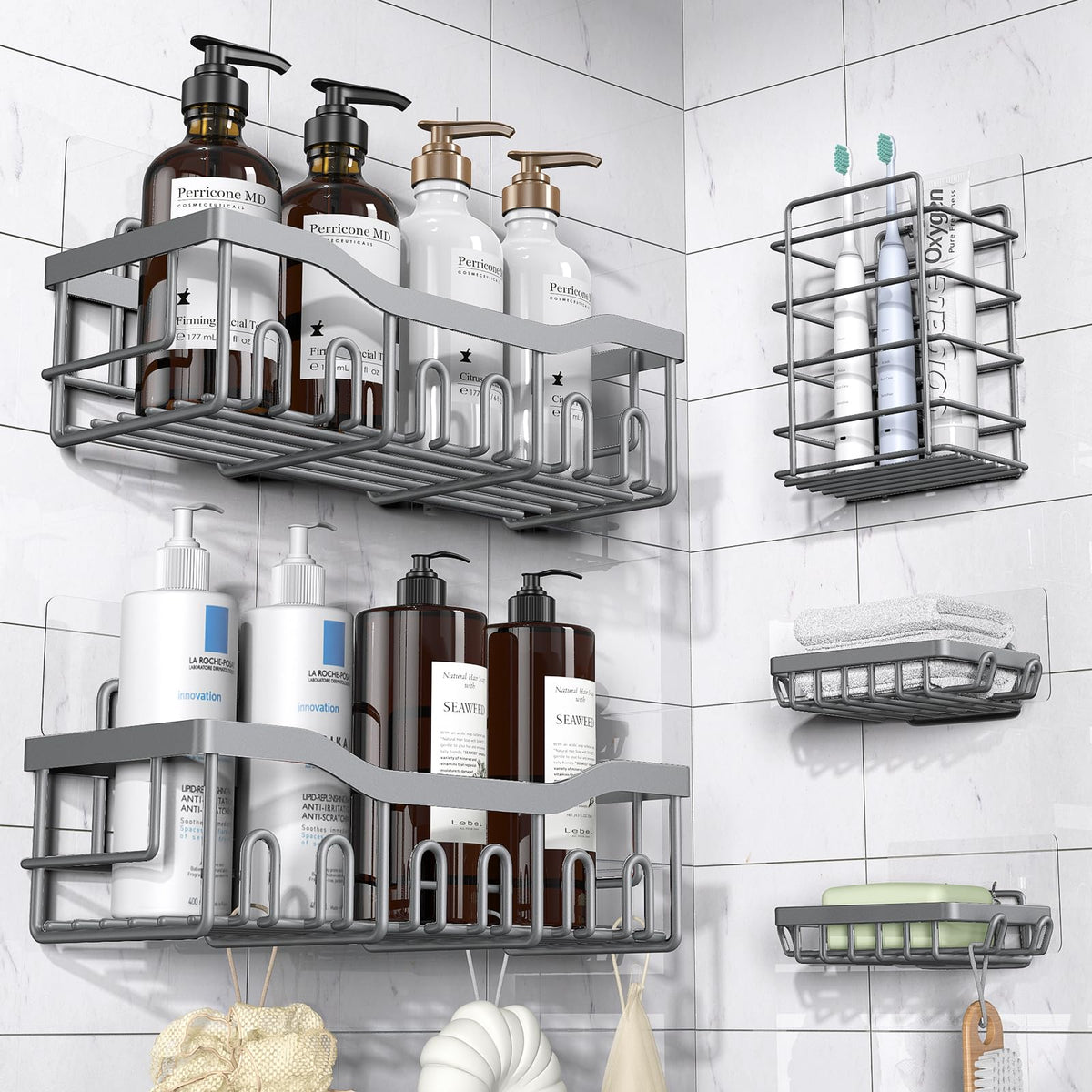 EUDELE 5-pack rustproof stainless steel shower caddies keep bathroom organized.