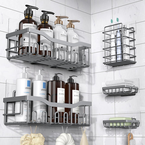 EUDELE 5-pack rustproof stainless steel shower caddies keep bathroom organized.
