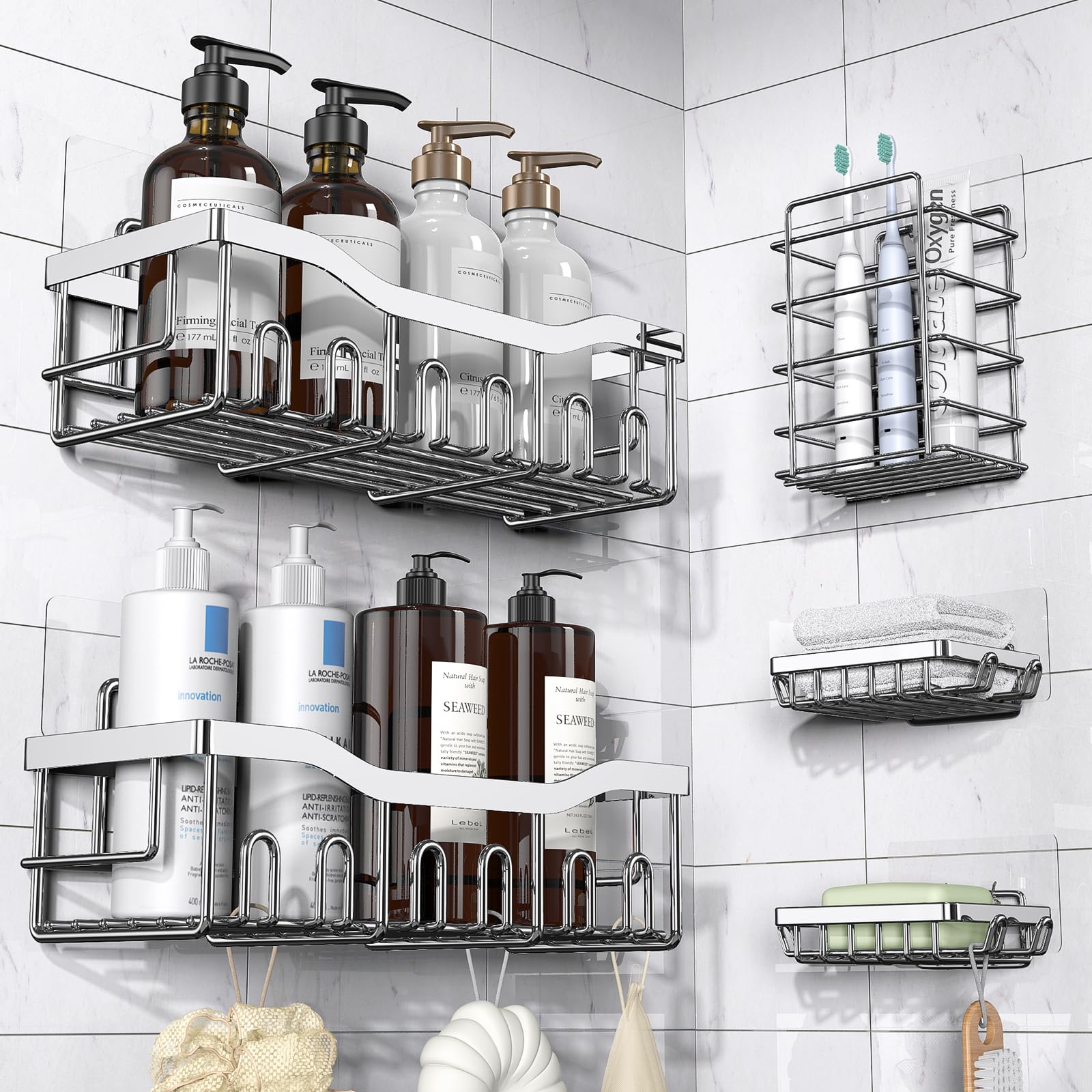 EUDELE 5 pack shower caddies assembled for organized bathroom storage and easy access