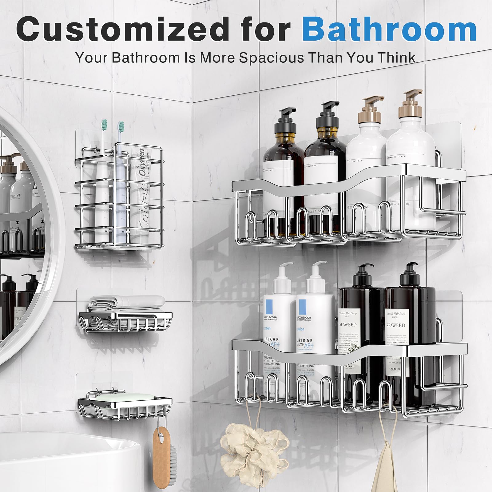 Stainless steel shower shelves resist rust for durable bathroom organization