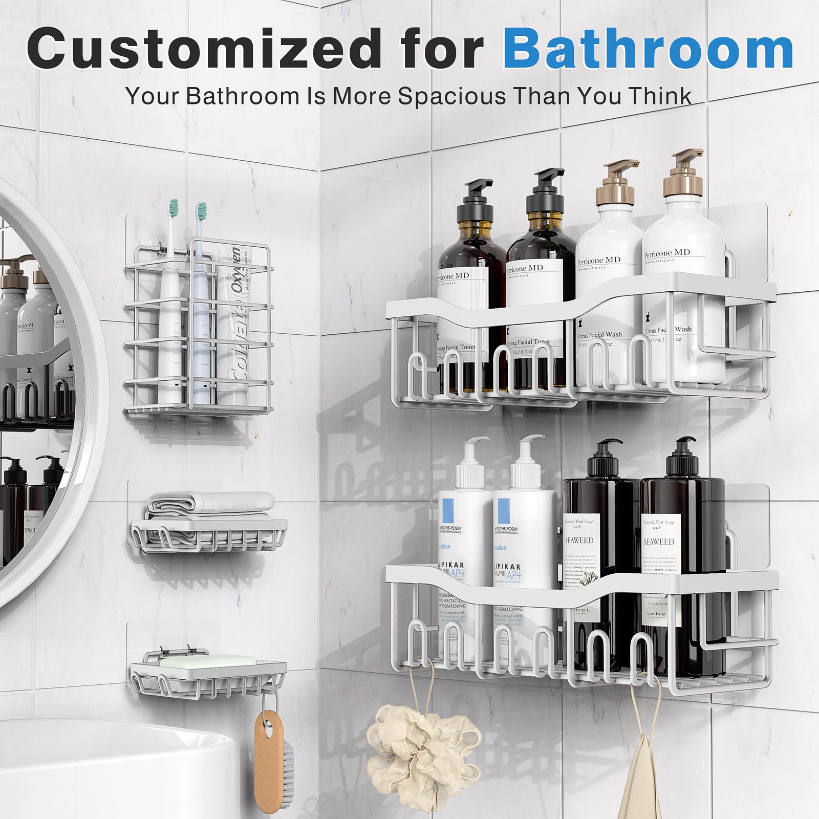 EUDELE stainless steel shower shelves in a tidy bathroom setup.