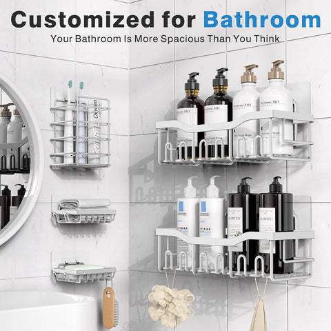 EUDELE stainless steel shower shelves in a tidy bathroom setup.